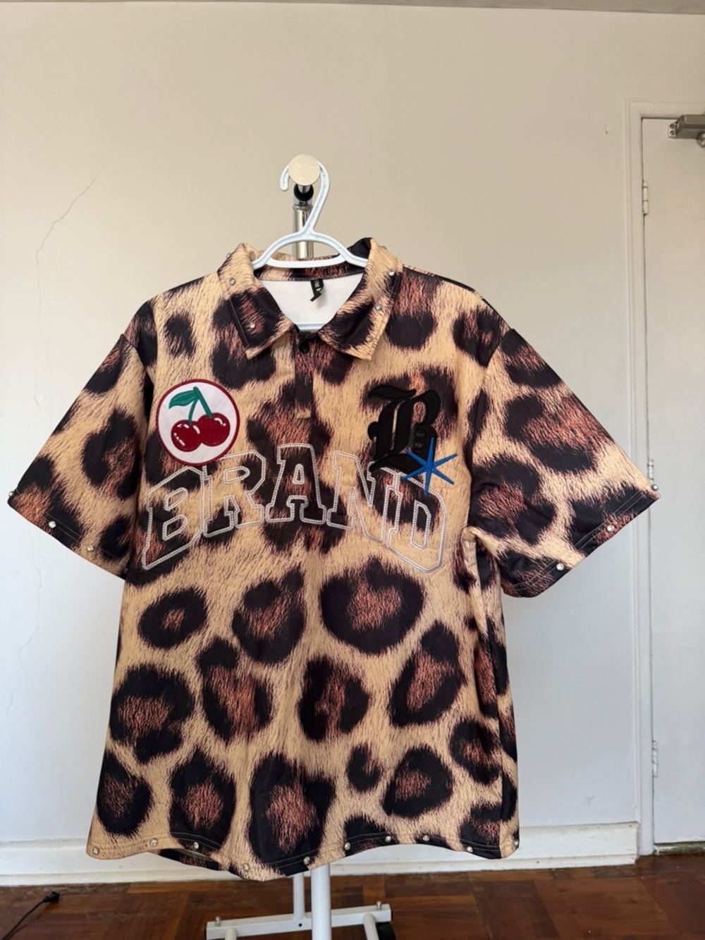 Leopard Print Short Sleeve Shirt with Cherry Patch